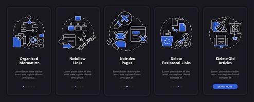 Search engine optimization principle night mode onboarding mobile app screen. Walkthrough 5 steps editable instructions with linear concepts. UI, UX, GUI template. vector