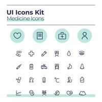 kit de iconos de interfaz de usuario de medicina. conjunto de símbolos vectoriales de línea delgada de atención médica. consulta médica. botones de aplicación móvil de tratamiento médico en paquete de círculos azules. colección de elementos de diseño web vector