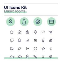 kit básico de iconos de interfaz de usuario. configuración conjunto de símbolos vectoriales de línea delgada. subir archivo a la nube con wi fi. Opción de botones de aplicaciones móviles en el paquete de círculos verdes. colección de elementos de diseño web vector