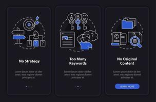 Search engine optimization mistakes night mode onboarding mobile app screen. Walkthrough 3 steps editable instructions with linear concepts. UI, UX, GUI template. vector