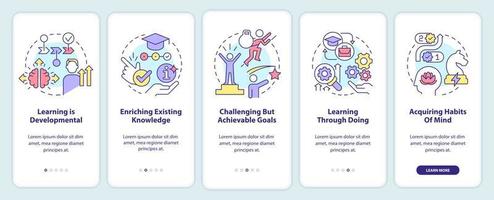 aprendiendo conceptos básicos incorporando la pantalla de la aplicación móvil. tutorial 5 pasos instrucciones gráficas editables con conceptos lineales. interfaz de usuario, ux, plantilla de interfaz gráfica de usuario. vector