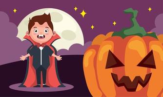 halloween pequeño dracula y calabaza vector