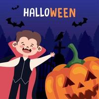 halloween lettering with dracula and pumpkin vector