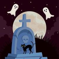 halloween graveyard and cat vector