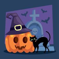 halloween pumpkin and cat vector