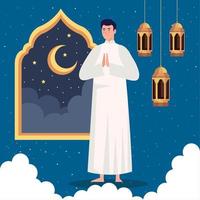 muslim man praying with lamps vector