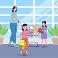 mom and schoolgirls buying school supplies vector