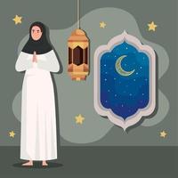 muslim woman praying and lamp vector