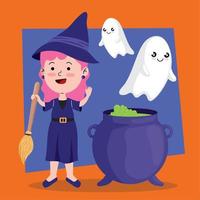 halloween witch with ghost and cauldron vector