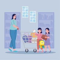 madre y colegialas comprando útiles escolares vector