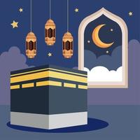 muslim culture lanterns with mecca vector