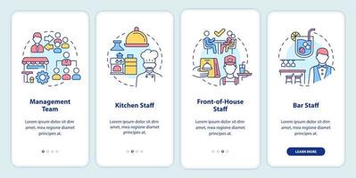 personal del restaurante incorporando la pantalla de la aplicación móvil. Tutorial de administración y cocina Instrucciones gráficas editables de 4 pasos con conceptos lineales. interfaz de usuario, ux, plantilla de interfaz gráfica de usuario. vector