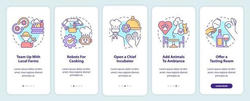 Unique restaurant ideas onboarding mobile app screen. Robots usage walkthrough 5 steps editable graphic instructions with linear concepts. UI, UX, GUI template. vector