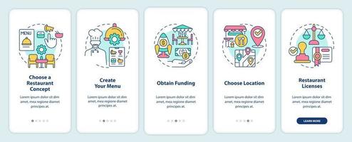 Opening restaurant steps onboarding mobile app screen. Create menu walkthrough 5 steps editable graphic instructions with linear concepts. UI, UX, GUI template. vector