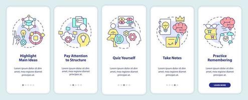 Learning and memorizing techniques onboarding mobile app screen. Walkthrough 5 steps editable graphic instructions with linear concepts. UI, UX, GUI template. vector