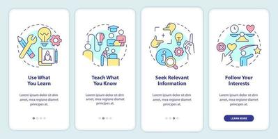 Practical learning techniques onboarding mobile app screen. Walkthrough 4 steps editable graphic instructions with linear concepts. UI, UX, GUI template. vector