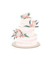 Wedding cake decorated with rose flower and leaves. Festive dessert three-tiered vanilla with rose frostin. Vector illustration isolated
