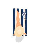 Young woman sunbathing isolated on the white background. Girl in hat in bikini lying on blanket outdoors on summer holidays. Top view. Flat vector illustration
