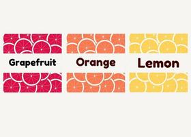 Set badges, buttons, banners, posters with slices of lemon, orange, grapefruit and fruit names vector