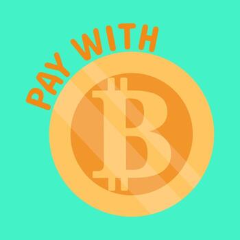 icono, botón, pegatina con moneda bitcoin y pago de texto con fondo azul vector