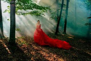 elegante mujer con estilo en un largo vestido rojo y una corona real en el bosque de niebla foto