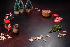 Fresh piece of raw pork with spices, salt and herbs on a wooden cutting board photo