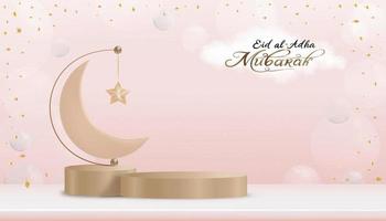 diseño de saludo de eid al adha mubarak con luna creciente y estrella colgando en el podio 3d sobre cielo azul y fondo de nubes. telón de fondo vectorial de la religión musulmana simbólica para eid al fitr, ramadan kareem vector