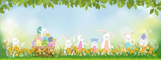 Easter greeting card,Cute Bunny hunting Easter Eggs on grass field on sunny day Spring,Vector Cute cartoon rabbits and hunny bees flying in grass field with blurry bokeh light effect background vector