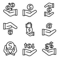 ilustración vector conjunto icono línea ganancia, moneda, oro, mano, transacción, dinero.