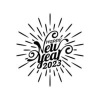 happy new year 2023 greeting in black and white with beautiful lettering, swirl elements, and splashes of fireworks. vector