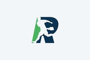 logotipo de pickleball con una combinación de letra r y silueta de un jugador de pickleball vector