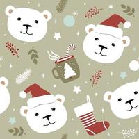 Green seamless pattern of polar bears and Christmas elements. Cute vector illustration for children.