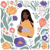 Single african woman holds a newborn baby in her arms. Warm modern illustration with flowers. motherhood support. vector