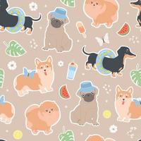 Seamless pattern with dogs. Summer funny illustration for kids. Dachshund, pomeranian, pug and corgi on summer vacation. Palm leaves, ice cream, watermelon, cocktails, butterflies, monstera. vector