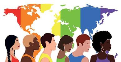 people from different ethnic groups in rainbow-colored clothes. LGBT community. Human rights. LGBTQ. Flat illustration with map. pride month. vector