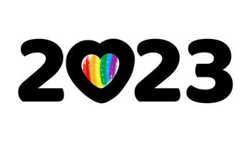 LGBT 2023 logo. Vector flat illustration with heart rainbow flag.