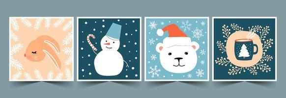 conjunto de lindas tarjetas de navidad cuadradas. ilustración infantil con conejo, muñeco de nieve, oso. vector