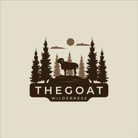 goat at nature forest logo vector vintage illustration template icon graphic design. animal sign or symbol for business livestock and ranch or wildlife wilderness concept