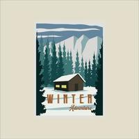 cabaña o casa de campo en el diseño de plantilla de ilustración de vector de cartel de paisaje de invierno. nieve en la pancarta del bosque natural para viajes o turismo de negocios