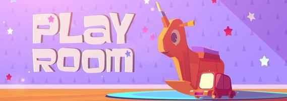 banner de dibujos animados de sala de juegos con juguetes para niños vector