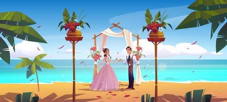 Beach wedding, bride and groom newlywed couple vector