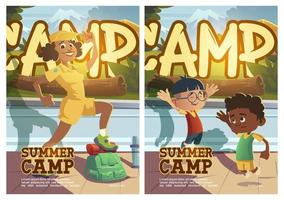 Summer camp poster with people going to hike vector