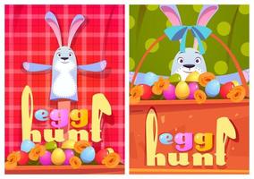 Egg hunt cartoon posters with rabbits and eggs vector