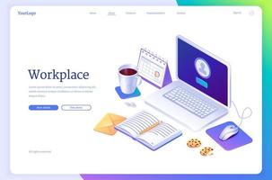 Workspace isometric landing page, Work from home vector