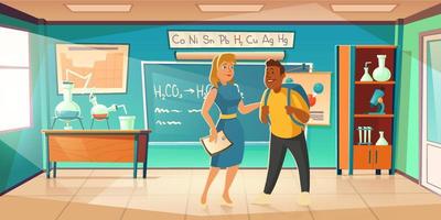 Teacher greeting student in chemistry classroom vector