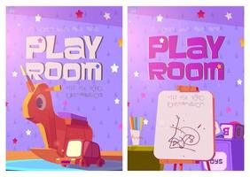 carteles de la sala de juegos con juguetes y muebles para niños