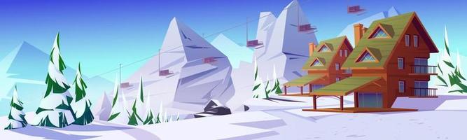 paisaje de montaña de invierno con chalet o funicular vector
