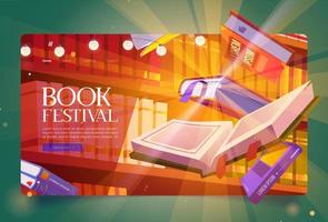 Books festival cartoon landing page, bestsellers vector