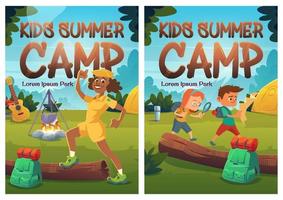 Kids summer camp cartoon posters, children hike vector