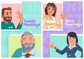 carteles de dibujos animados de reuniones familiares o laborales en línea. vector